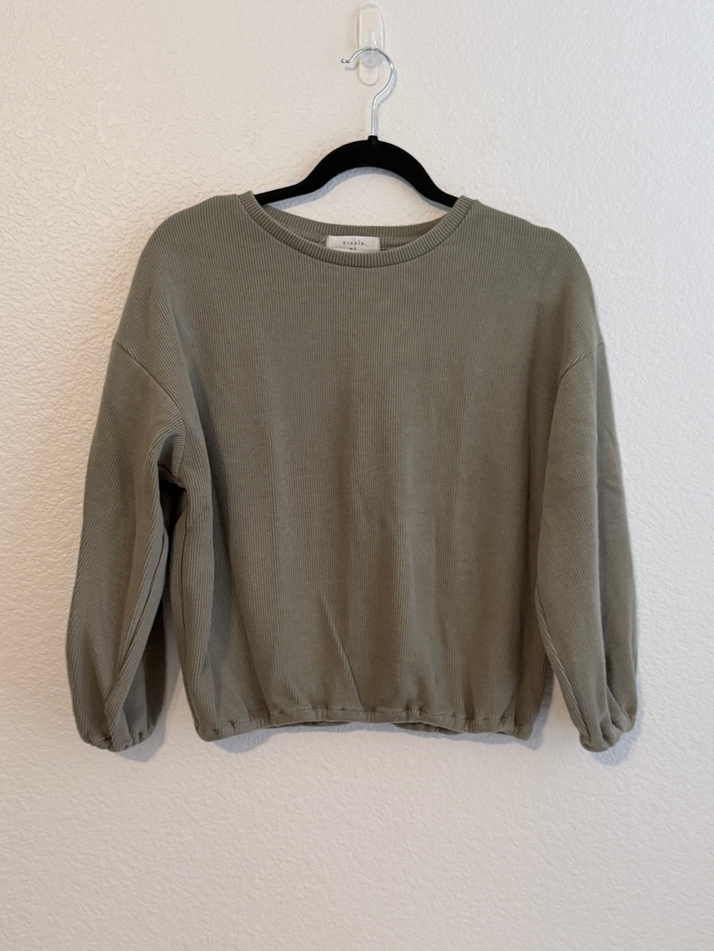 Elodie Olive Ribbed Crewneck Balloon Sleeve  Pullover Size Small